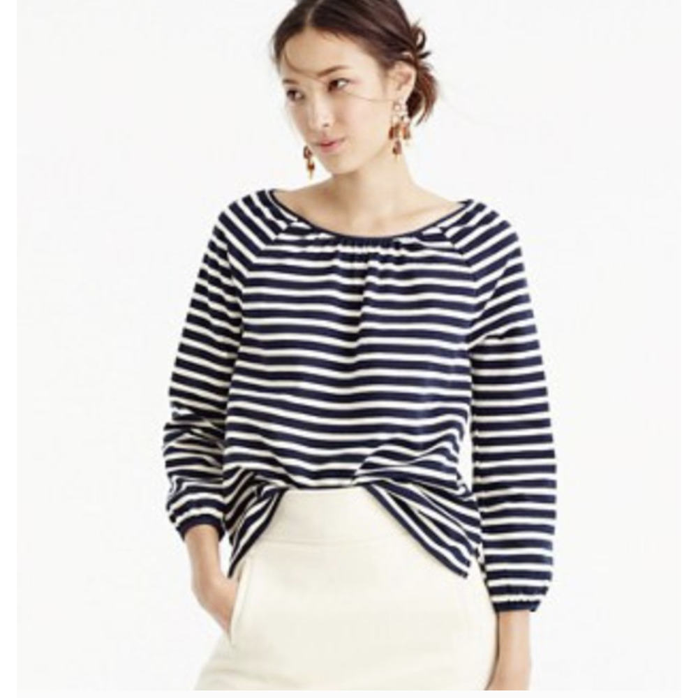 J.Crew Peasant Top Striped Tie Back Blue White Large excellent condition